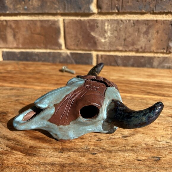 Glazed enamel pottery bull skull with mounting bolt Turquoise/Aqua Terracotta 5” - Picture 3 of 16